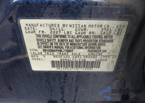 2011 Nissan Sentra 2.0S z USA, uszkodzony, nr VIN 3N1AB6AP4BL715031